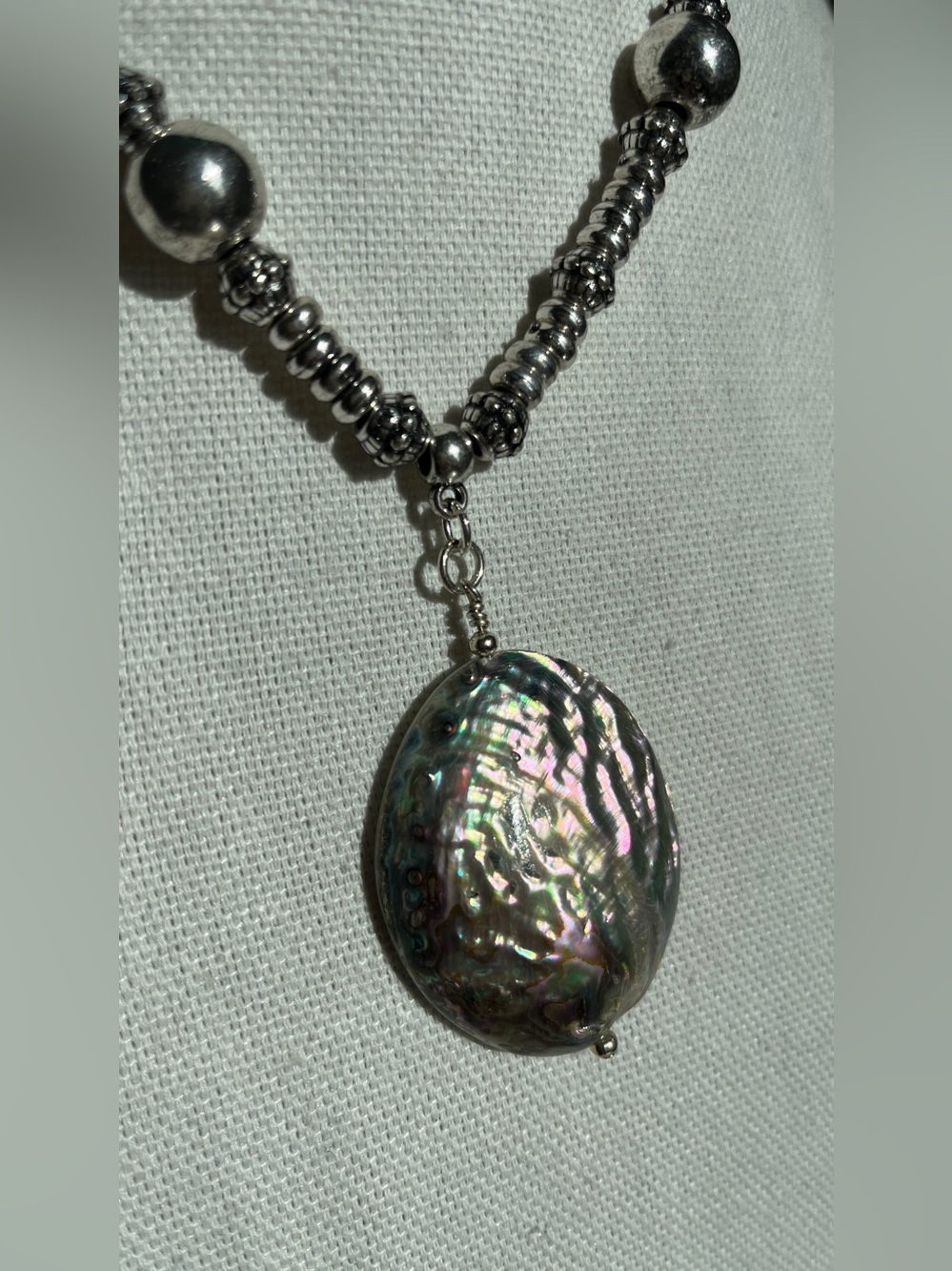 Iridescent Abalone Shell Pendant, Bali Silver Tone Beaded  Black Cord Necklace